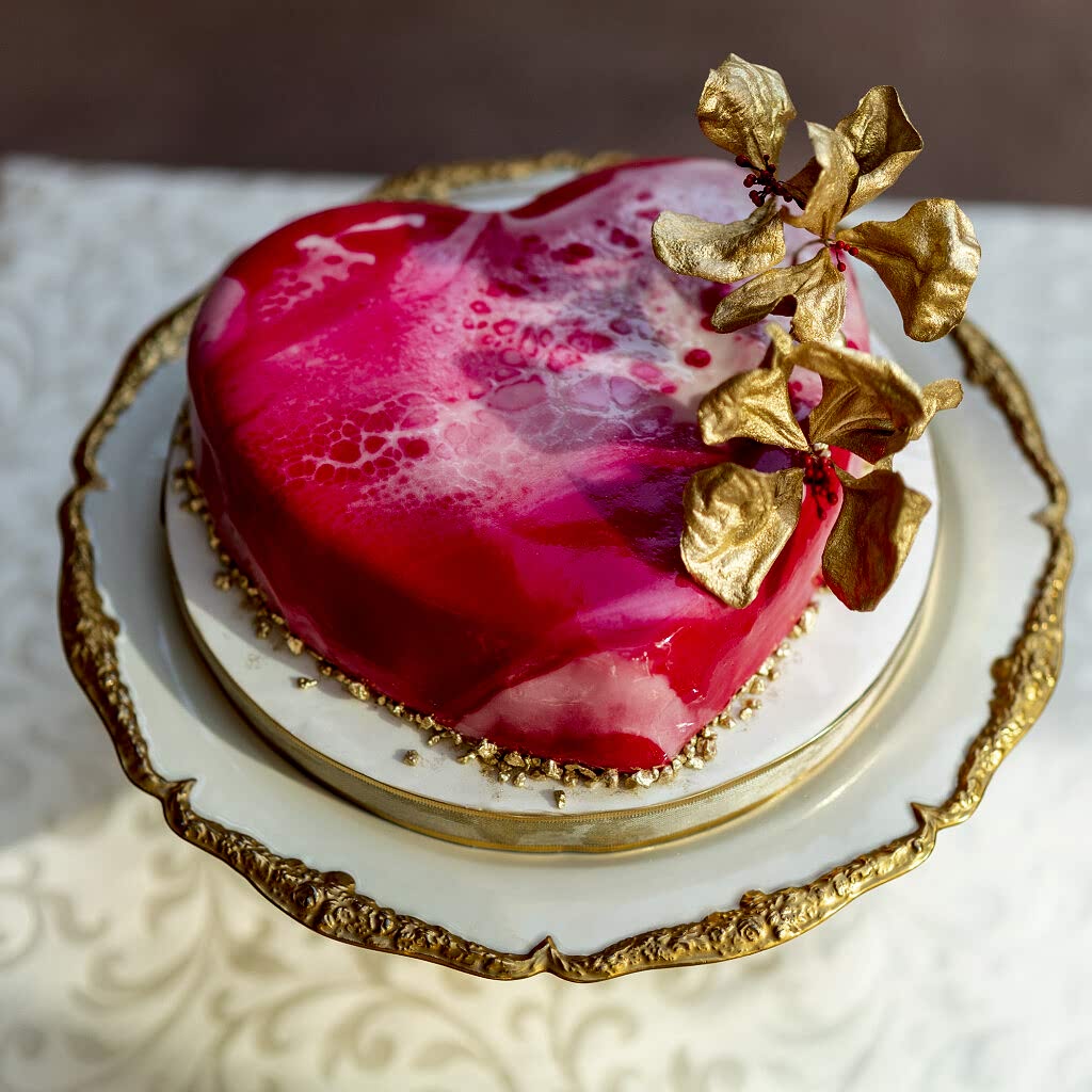 Cake with heart decoration.